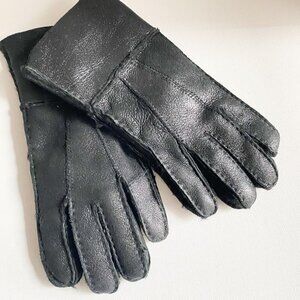 Black Leather Sheepskinlined Raw edge Men's Black  Gloves XL